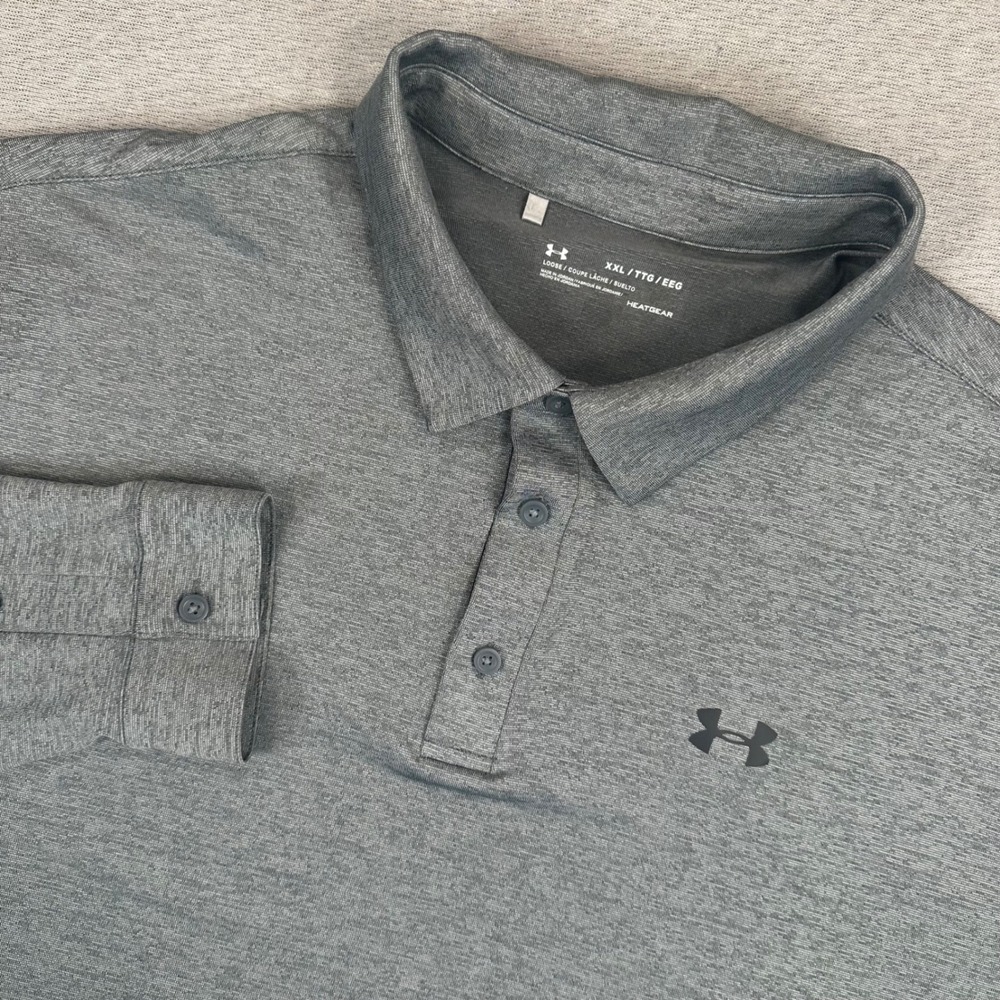 Under Armour Polo Shirt Mens XXL Gray HeatGear Long Sleeve Performance Preppy